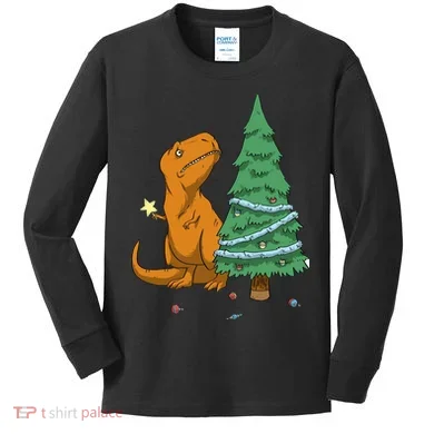 Cute T Rex Christmas Tree Kids Long Sleeve Shirt