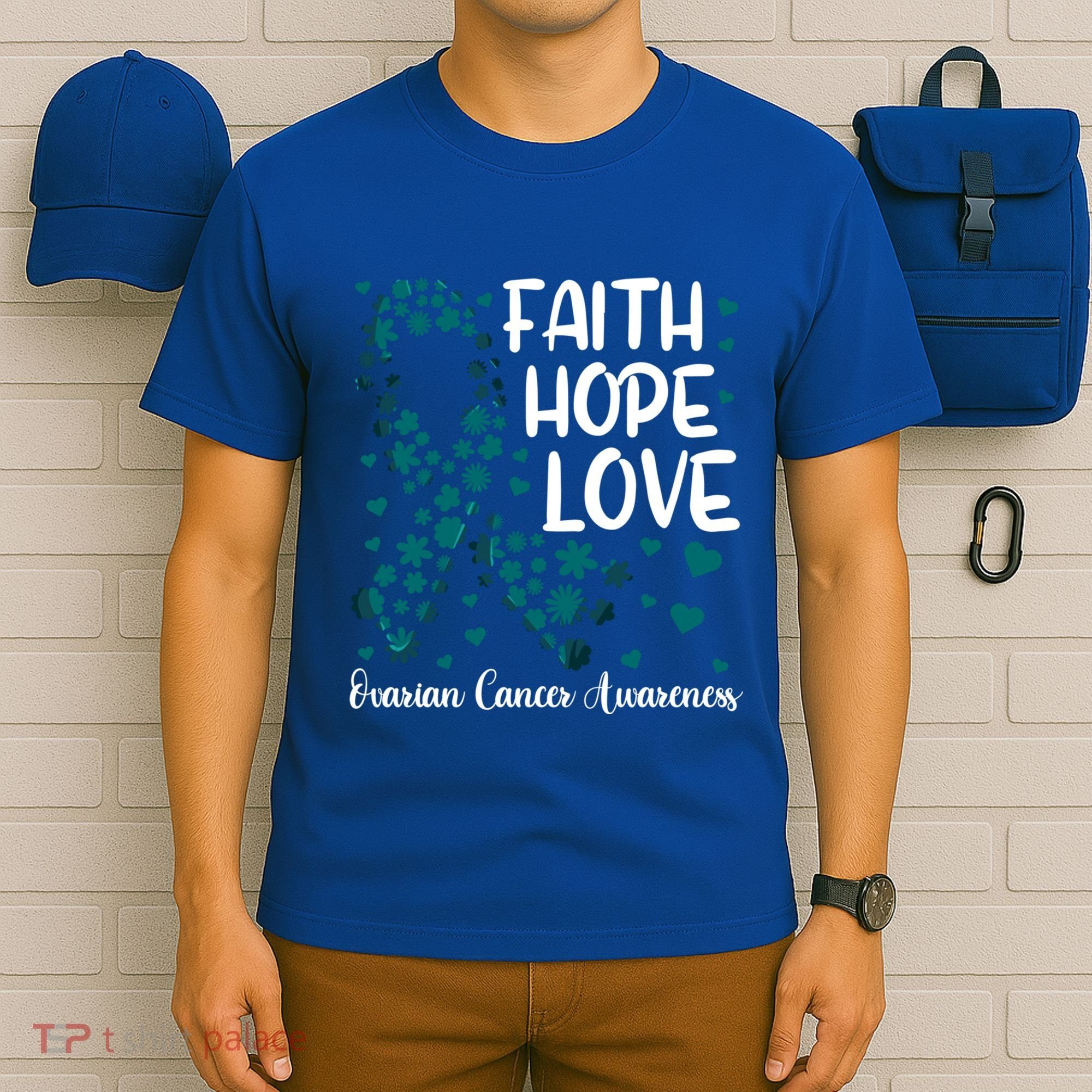 Cute Teal Ribbon Cute Gift Faith Hope Love Ovarian Cancer Gift T-Shirt