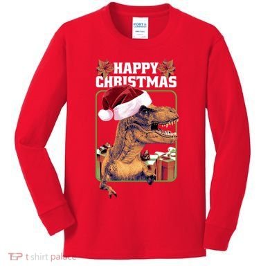 Cool T Rex Happy Christmas Kids Long Sleeve Shirt