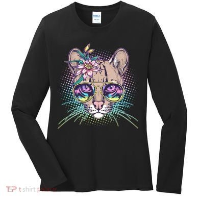 Cute Tropical Rainbow Ocelot Cat Women's Long Sleeve Shirt