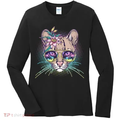 Cute Tropical Rainbow Ocelot Cat Women's Long Sleeve Shirt