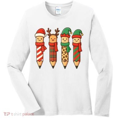 Coquette Teacher Students Christmas Pencils Festive Women's Long Sleeve Shirt