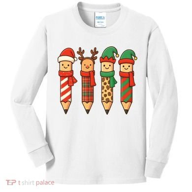 Coquette Teacher Students Christmas Pencils Festive Kids Long Sleeve Shirt
