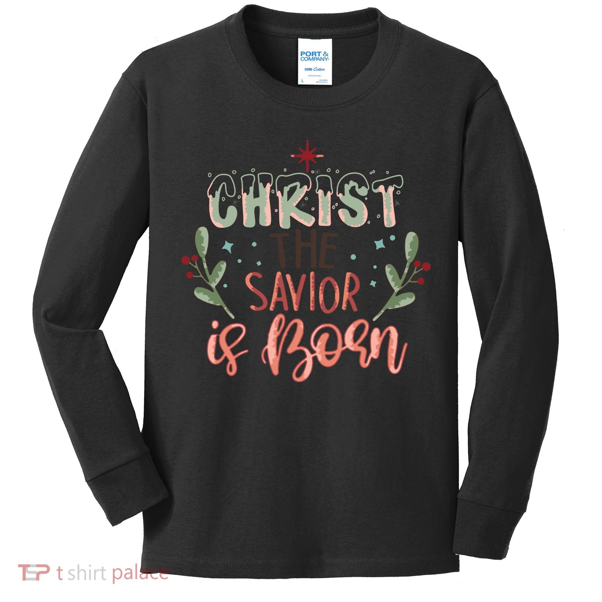 Christ The Savior Is Born Christian Retro Christmas Religious Graphic Plus Size Kids Long Sleeve Shirt
