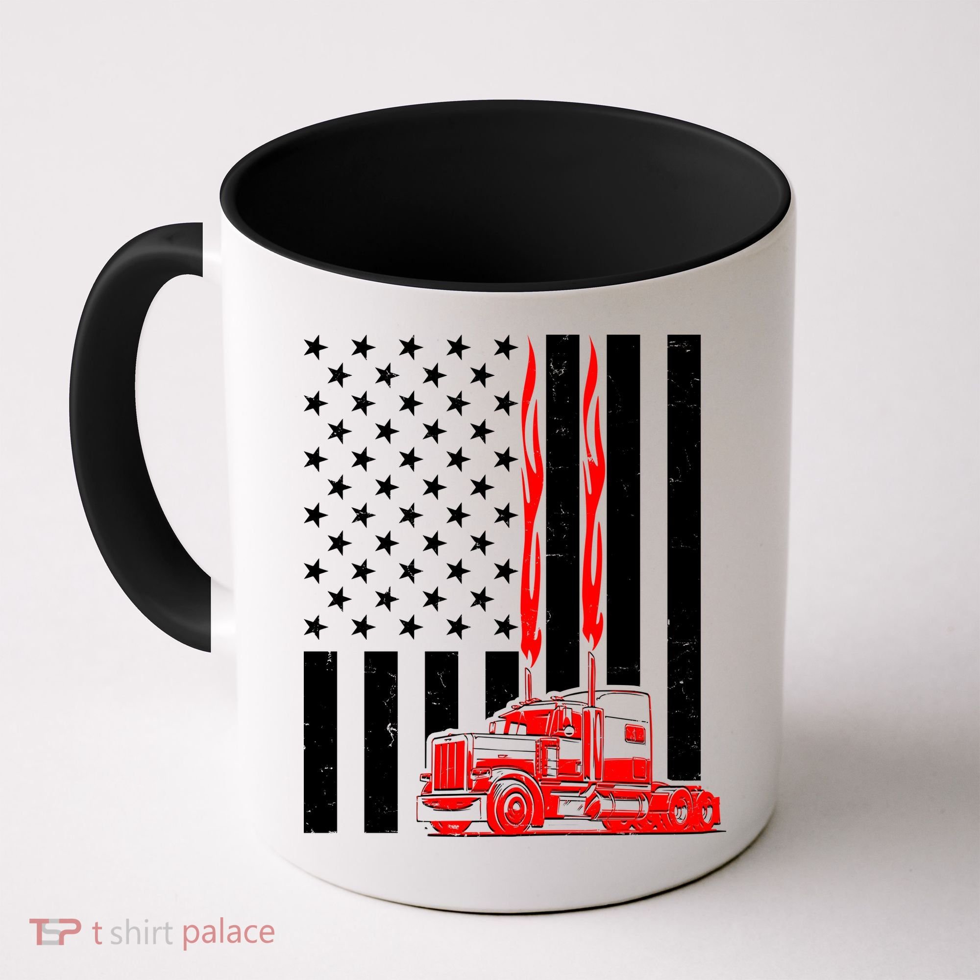 Cool Trucker Semi Truck Flames American Flag Coffee Mug
