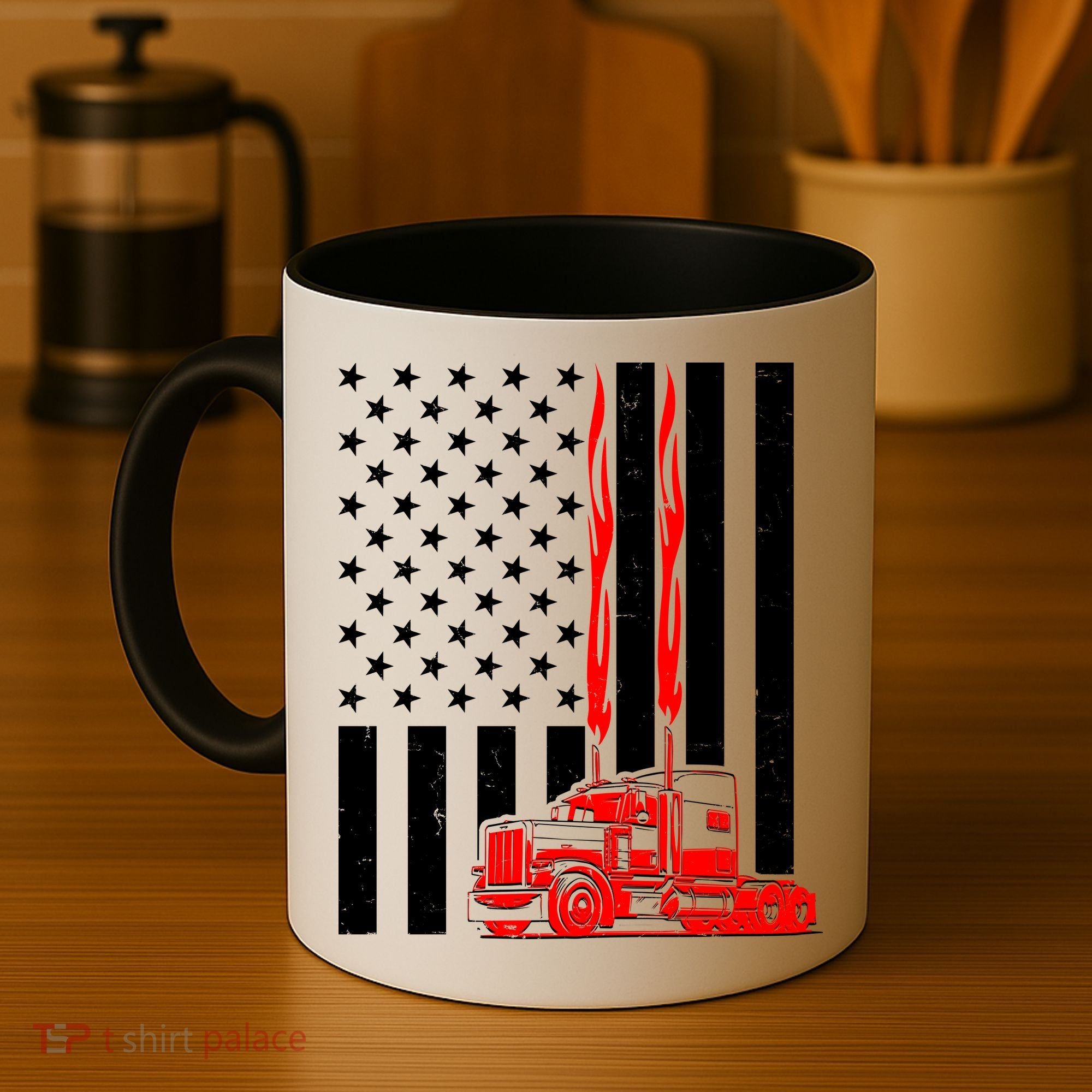 Cool Trucker Semi Truck Flames American Flag Coffee Mug