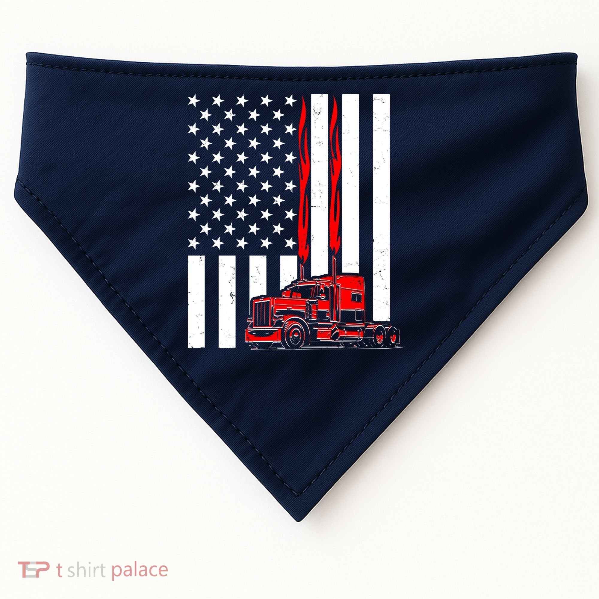 Cool Trucker Semi Truck Flames American Flag USA-Made Doggie Bandana