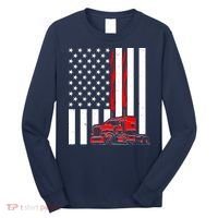 Cool Trucker Semi Truck Flames American Flag Long Sleeve Shirt thumb 0