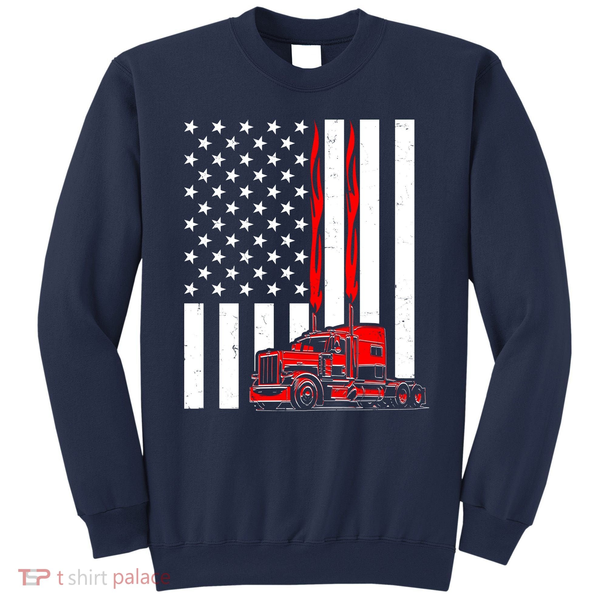 Cool Trucker Semi Truck Flames American Flag Sweatshirt