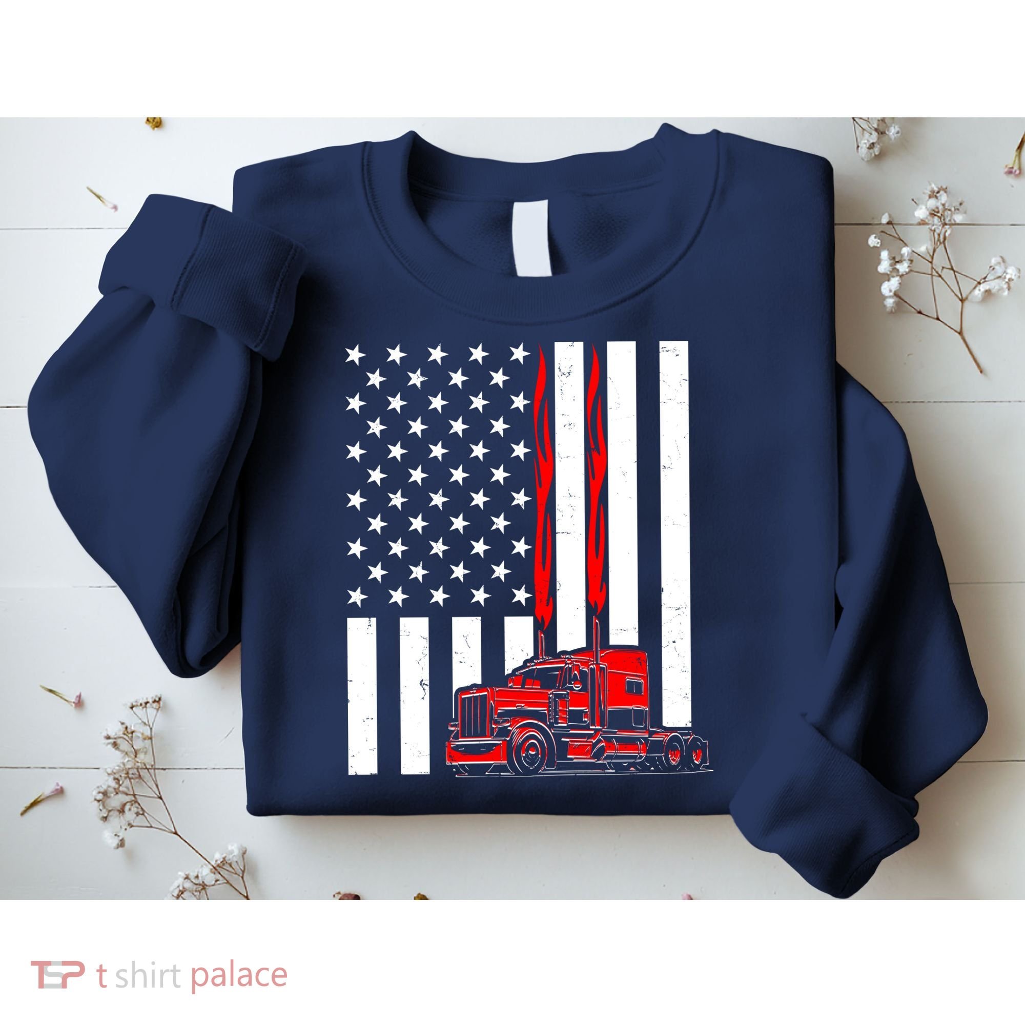 Cool Trucker Semi Truck Flames American Flag Sweatshirt