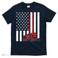 Cool Trucker Semi Truck Flames American Flag T-Shirt thumb 0