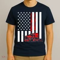 Cool Trucker Semi Truck Flames American Flag T-Shirt thumb 3