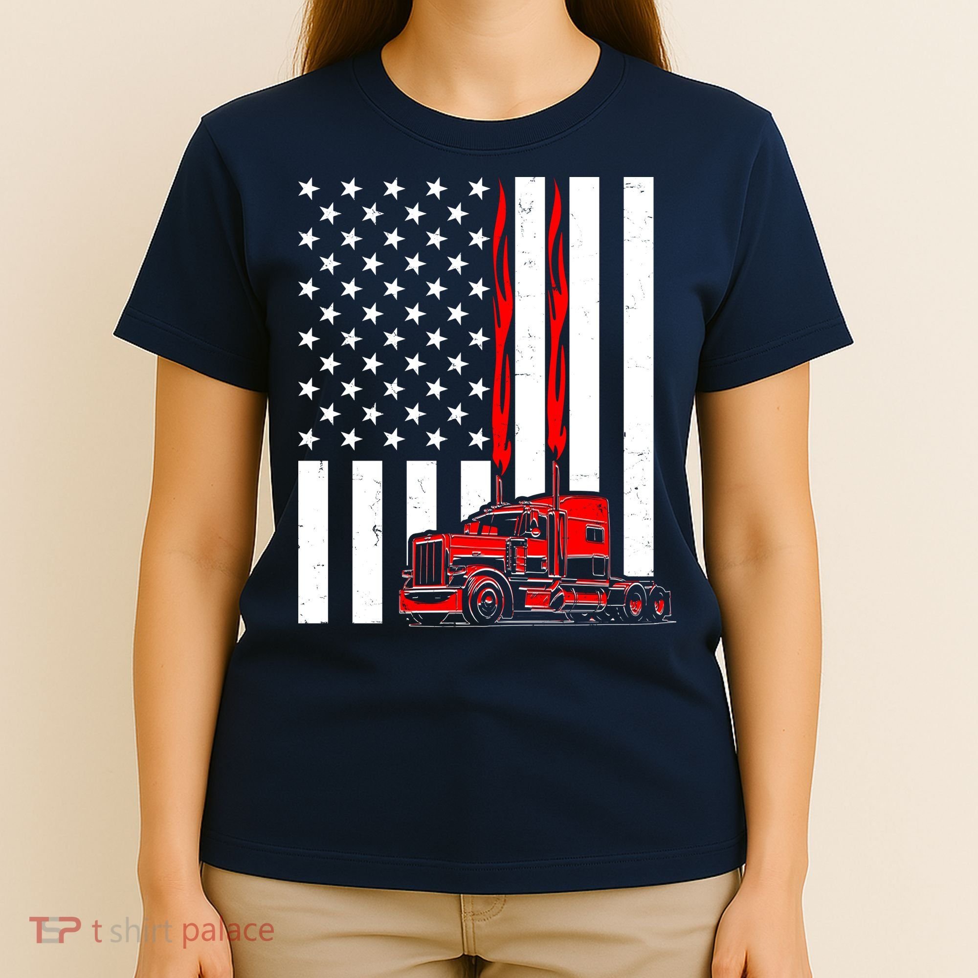 Cool Trucker Semi Truck Flames American Flag T-Shirt