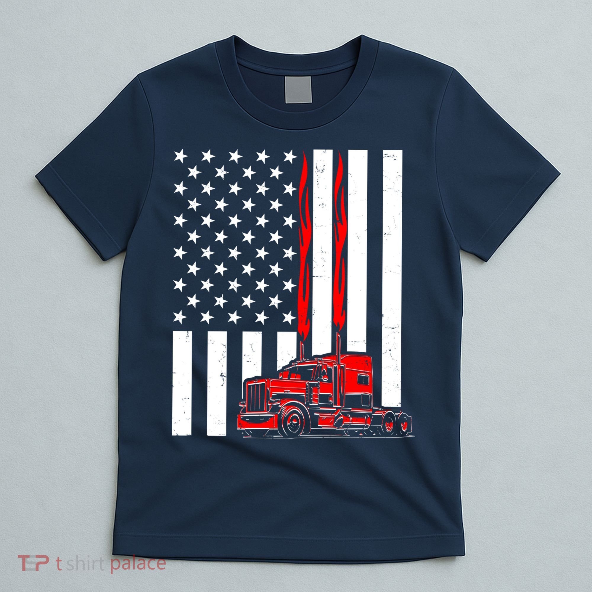 Cool Trucker Semi Truck Flames American Flag T-Shirt
