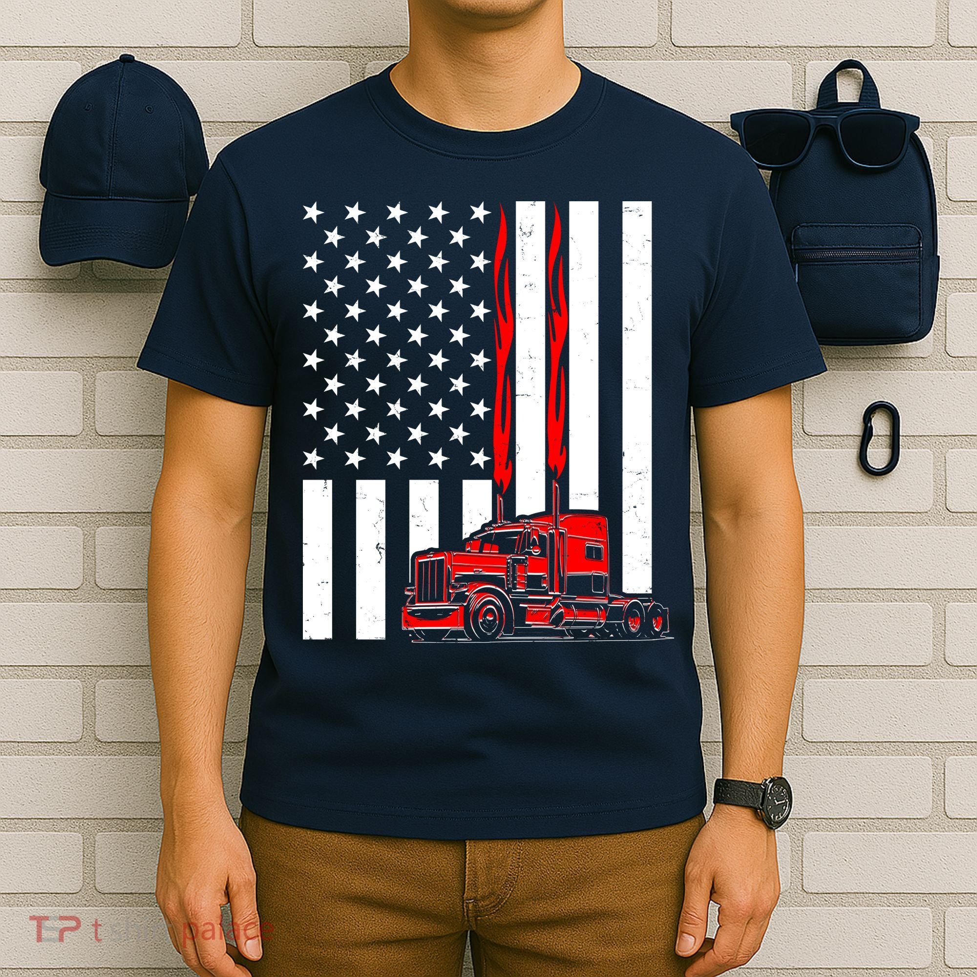 Cool Trucker Semi Truck Flames American Flag T-Shirt