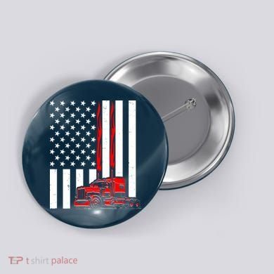 Cool Trucker Semi Truck Flames American Flag Button