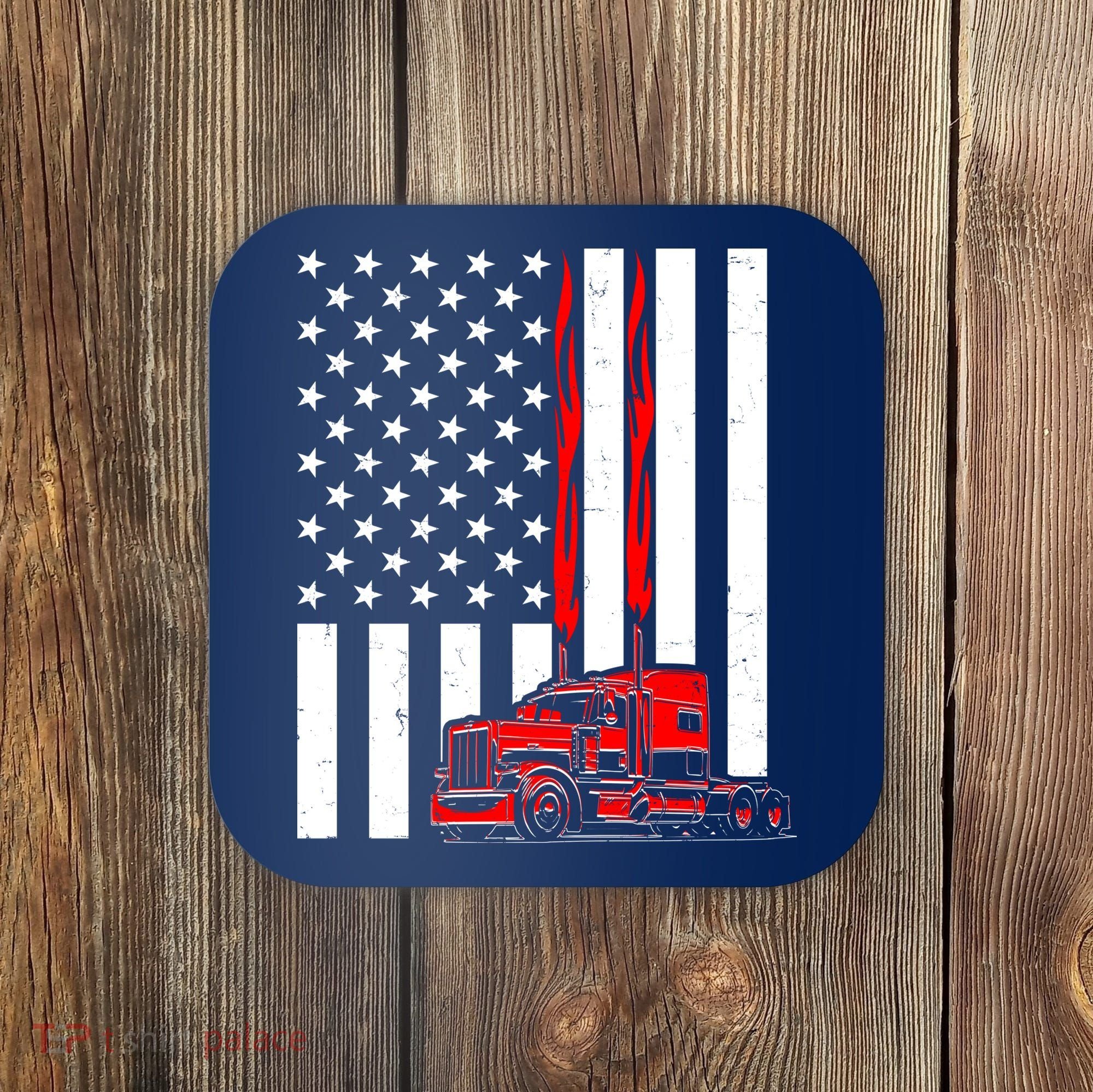 Cool Trucker Semi Truck Flames American Flag Coaster