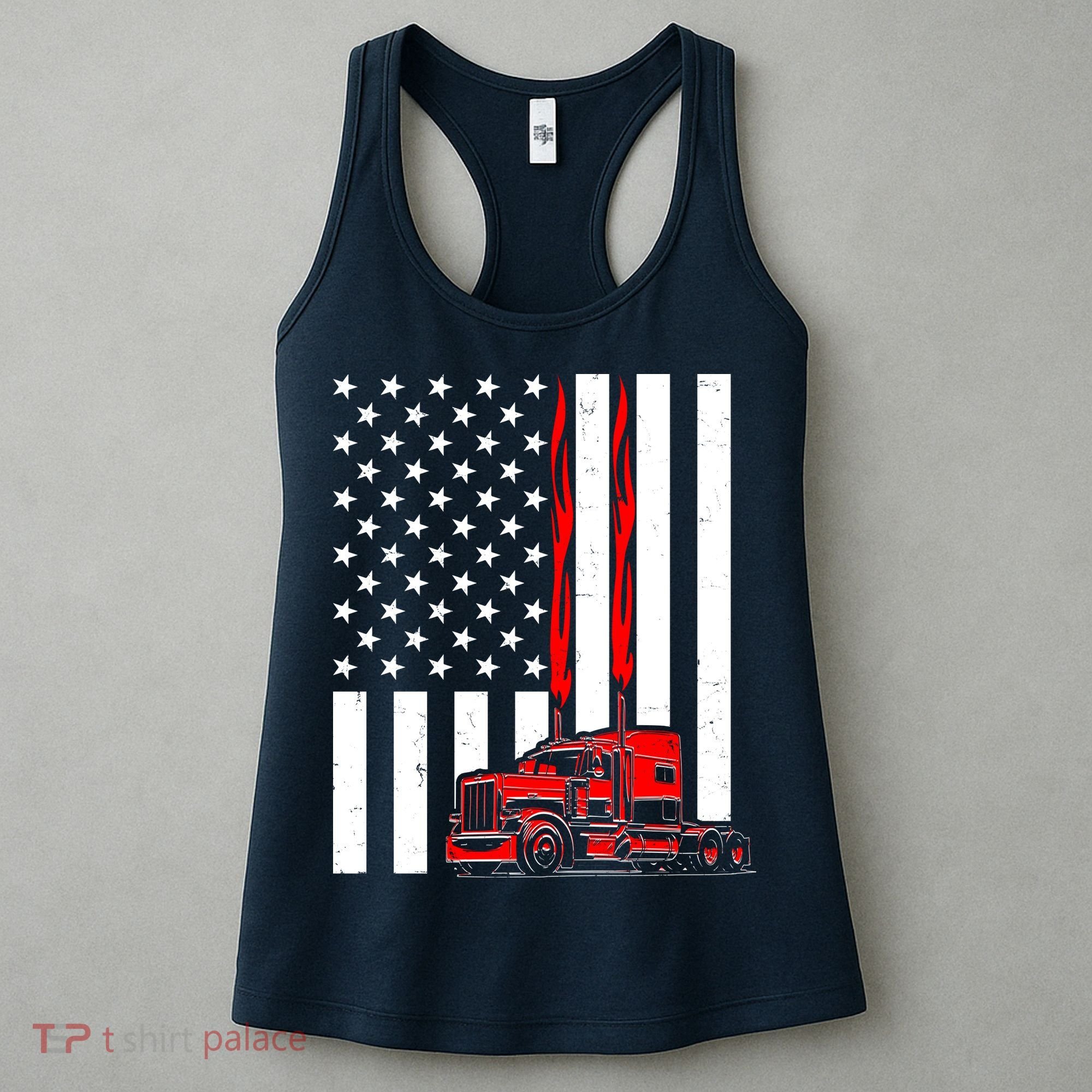Cool Trucker Semi Truck Flames American Flag Women's Tank Top
