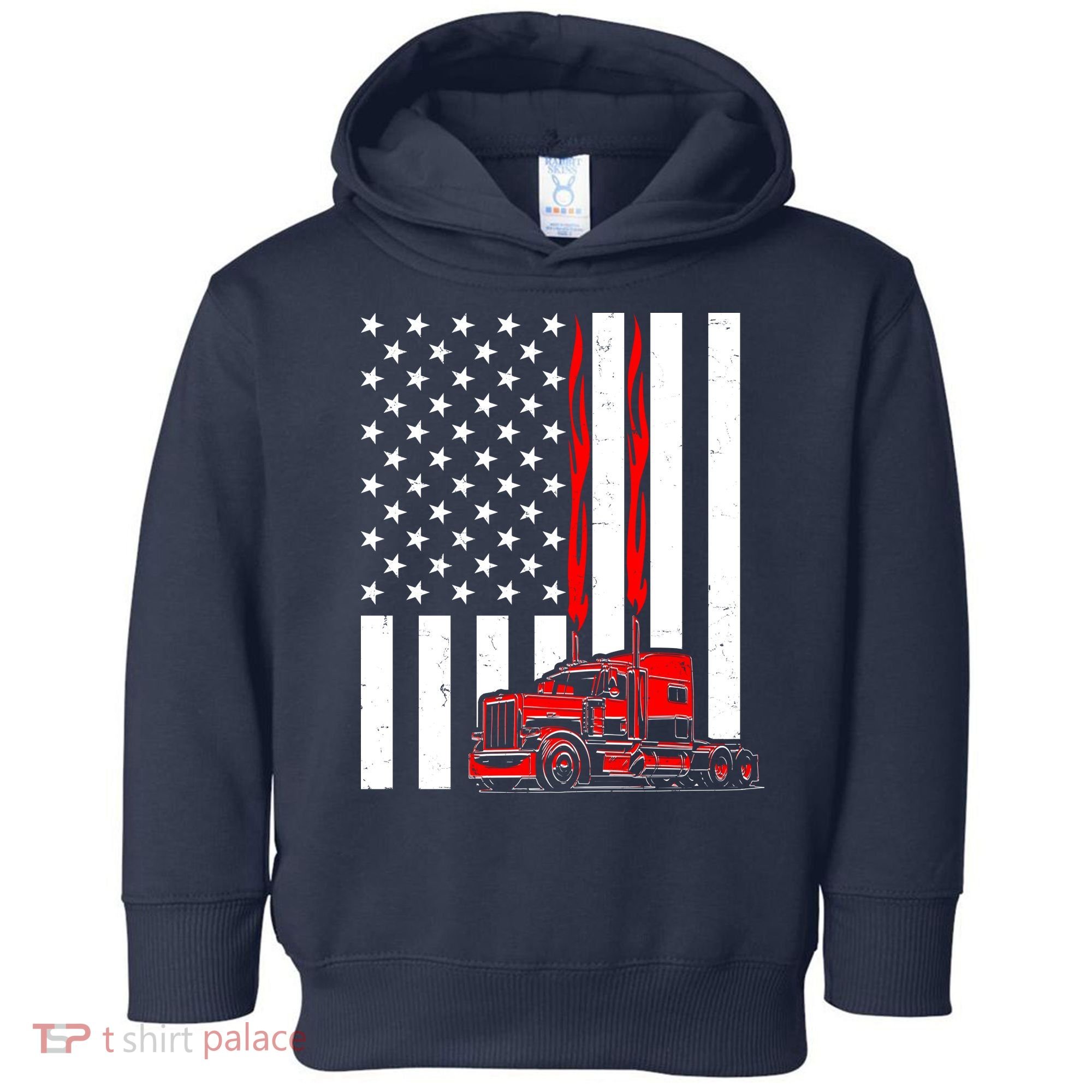 Cool Trucker Semi Truck Flames American Flag Toddler Hoodie