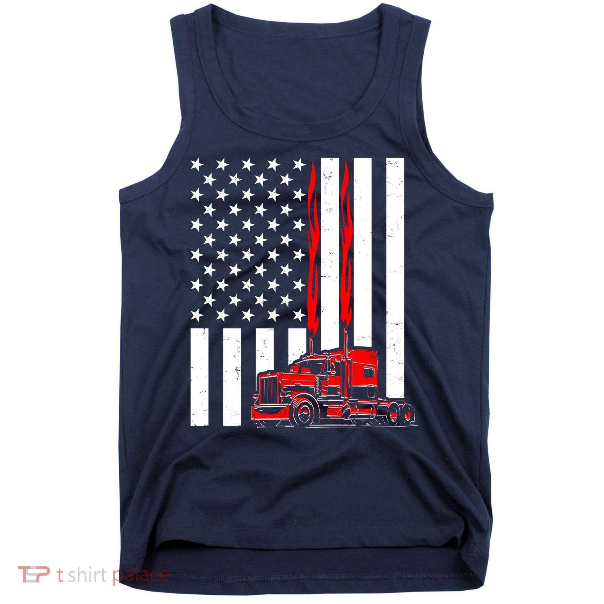 Cool Trucker Semi Truck Flames American Flag Tank Top