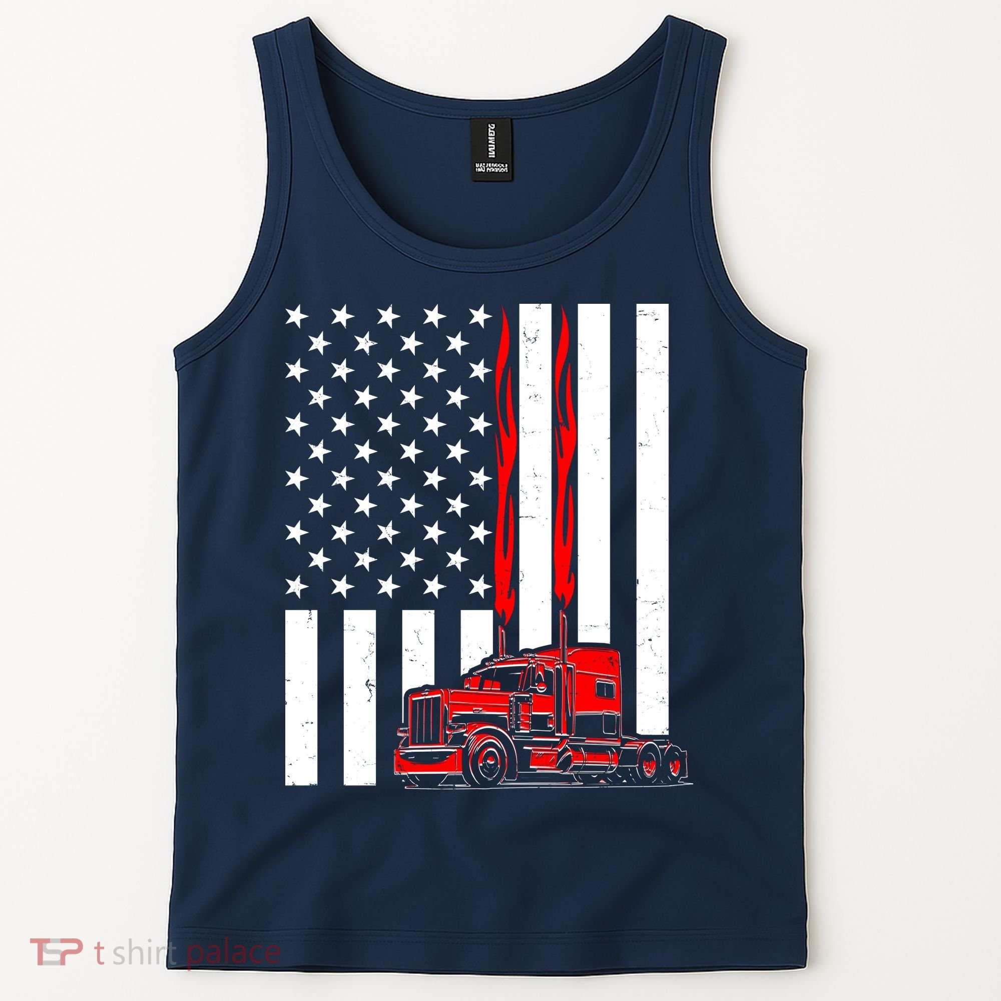 Cool Trucker Semi Truck Flames American Flag Tank Top