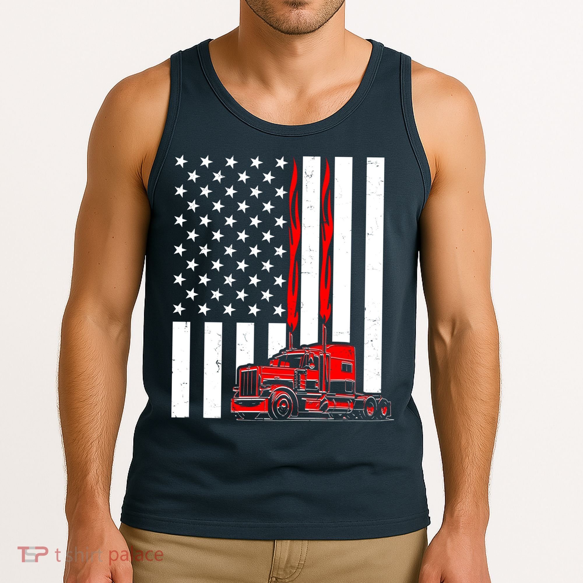 Cool Trucker Semi Truck Flames American Flag Tank Top