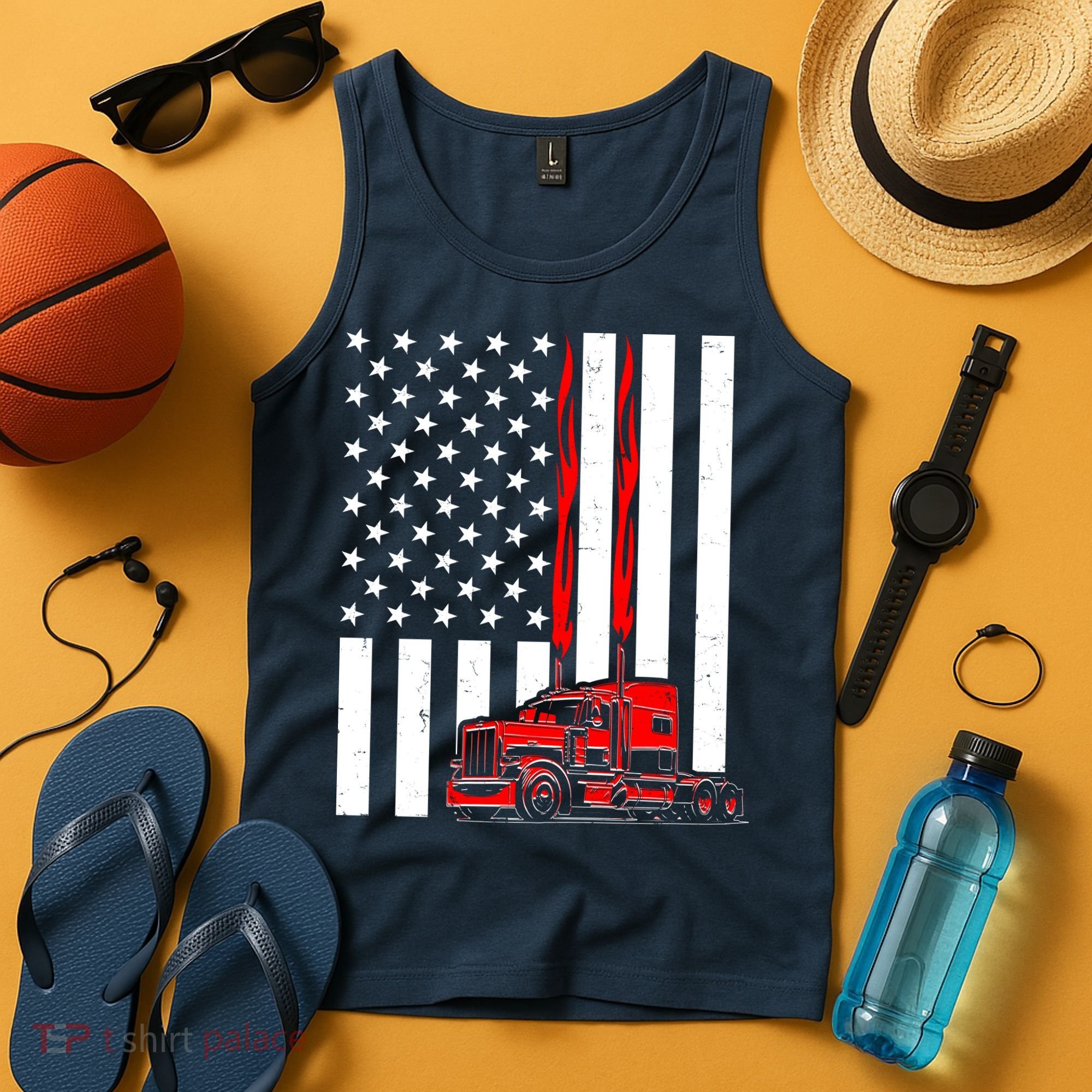 Cool Trucker Semi Truck Flames American Flag Tank Top