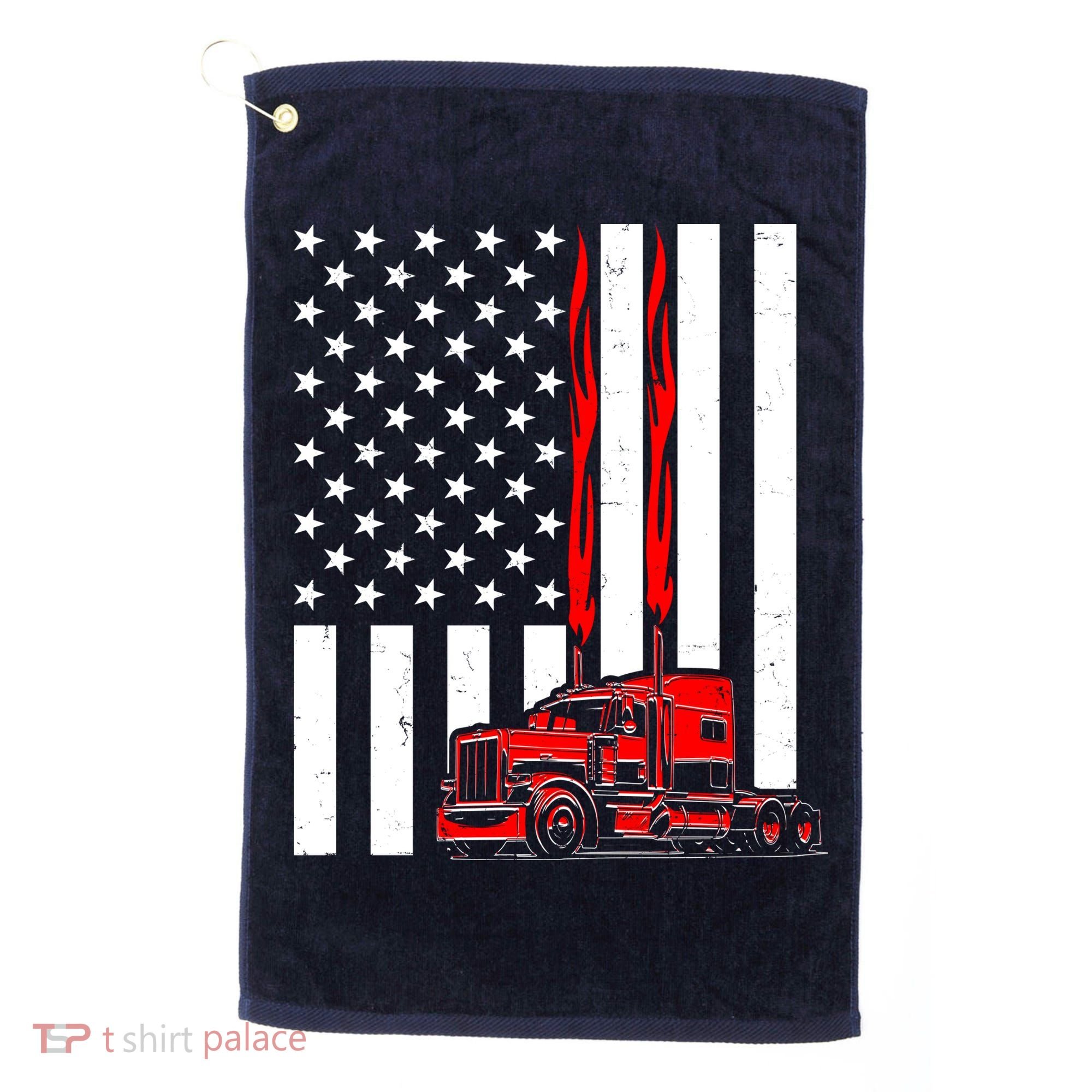 Cool Trucker Semi Truck Flames American Flag Golf Towel