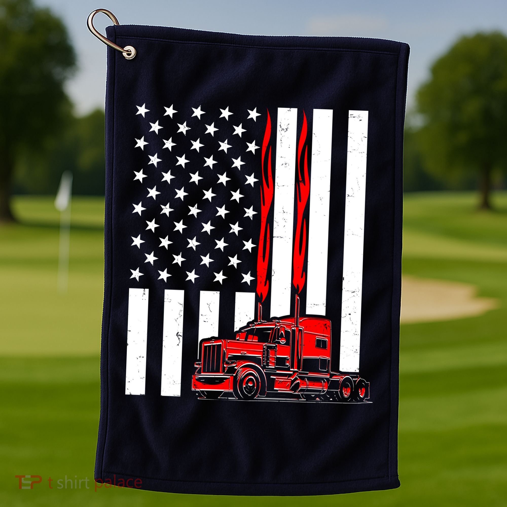 Cool Trucker Semi Truck Flames American Flag Golf Towel
