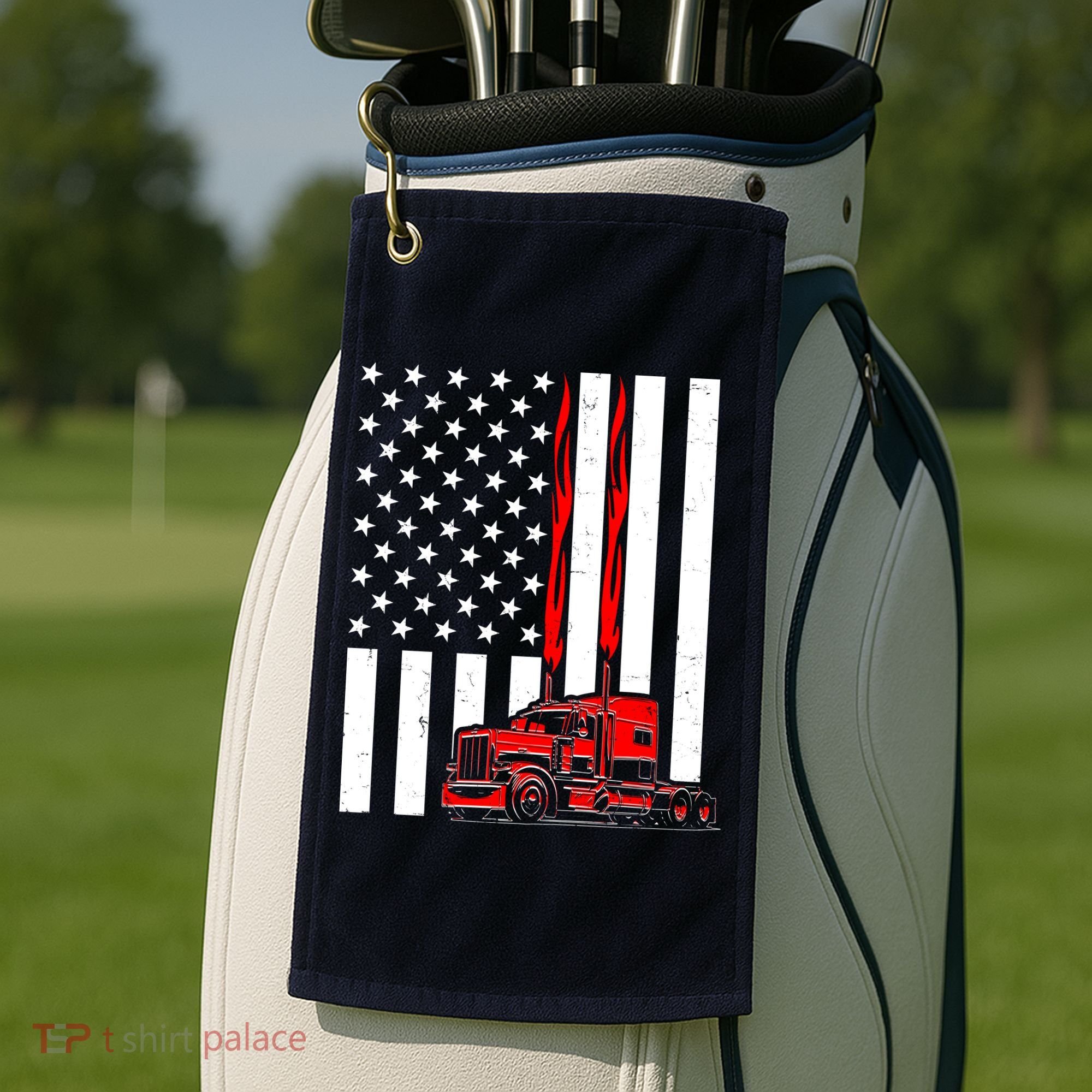 Cool Trucker Semi Truck Flames American Flag Golf Towel