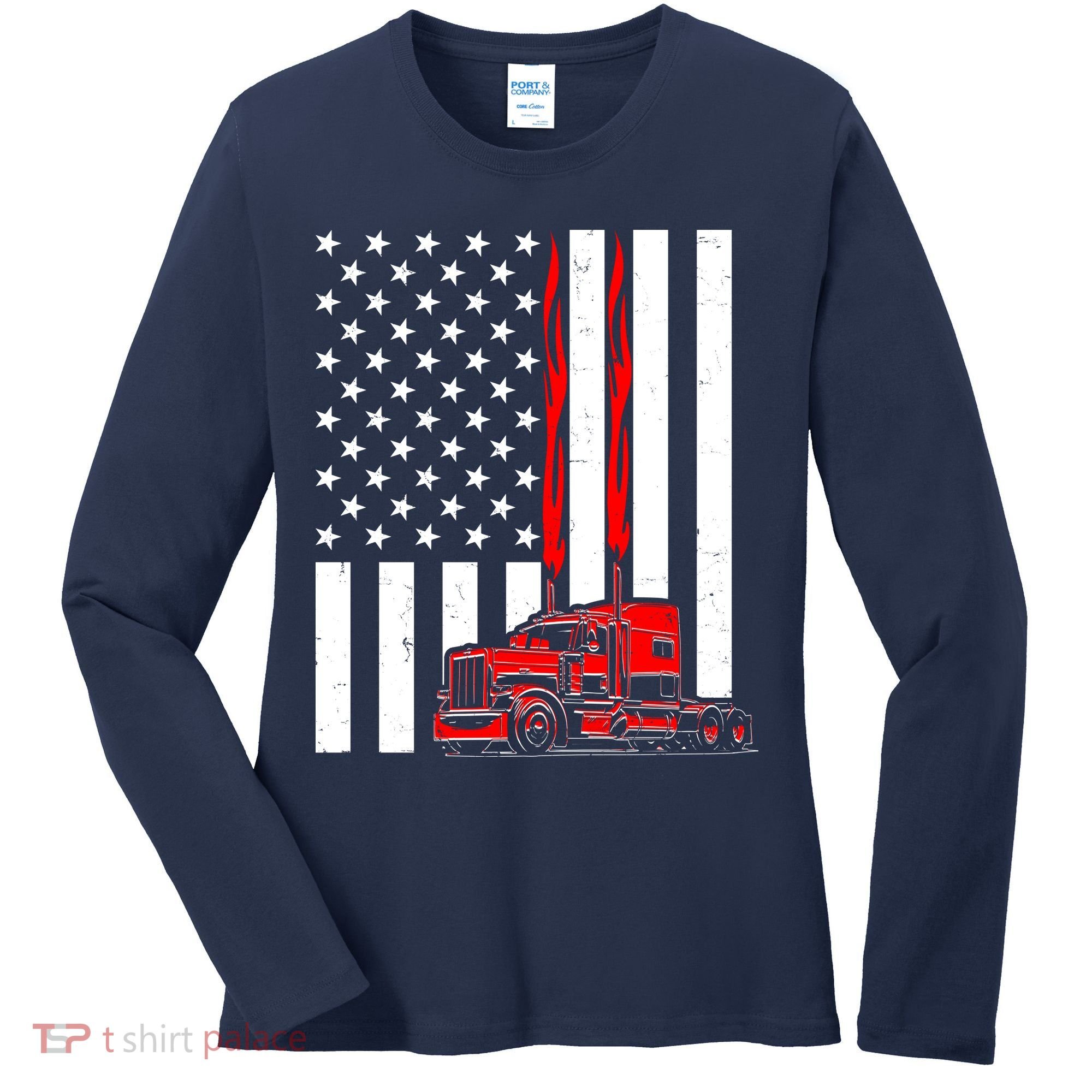Cool Trucker Semi Truck Flames American Flag Women's Long Sleeve Shirt