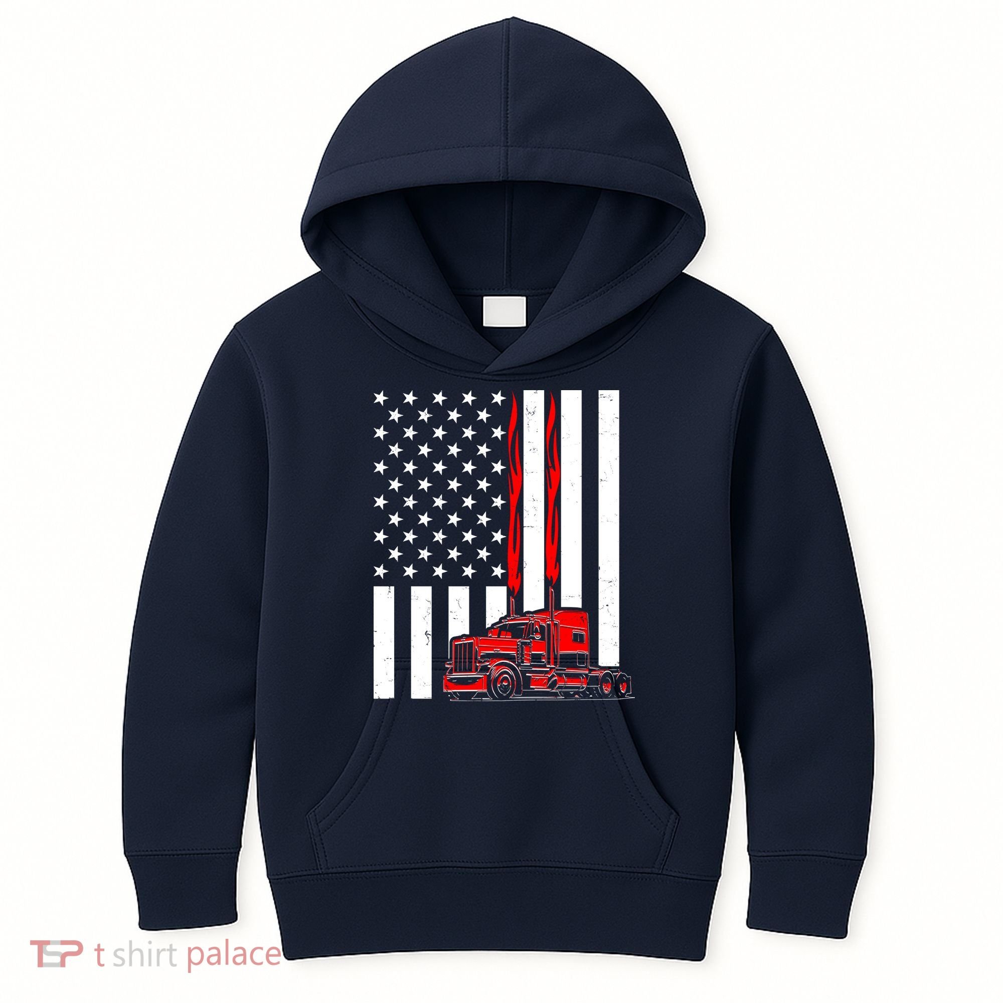 Cool Trucker Semi Truck Flames American Flag Kids Hoodie