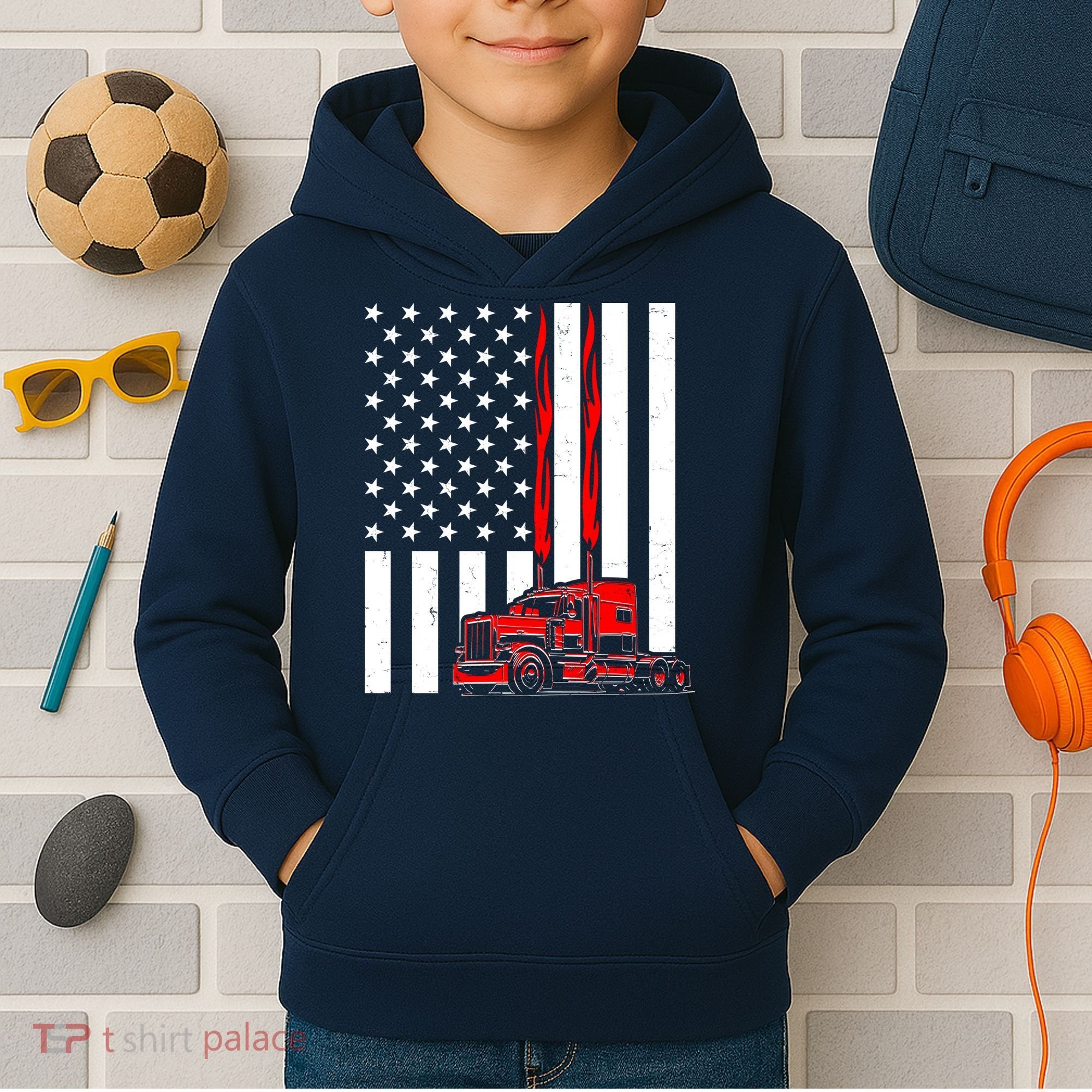 Cool Trucker Semi Truck Flames American Flag Kids Hoodie