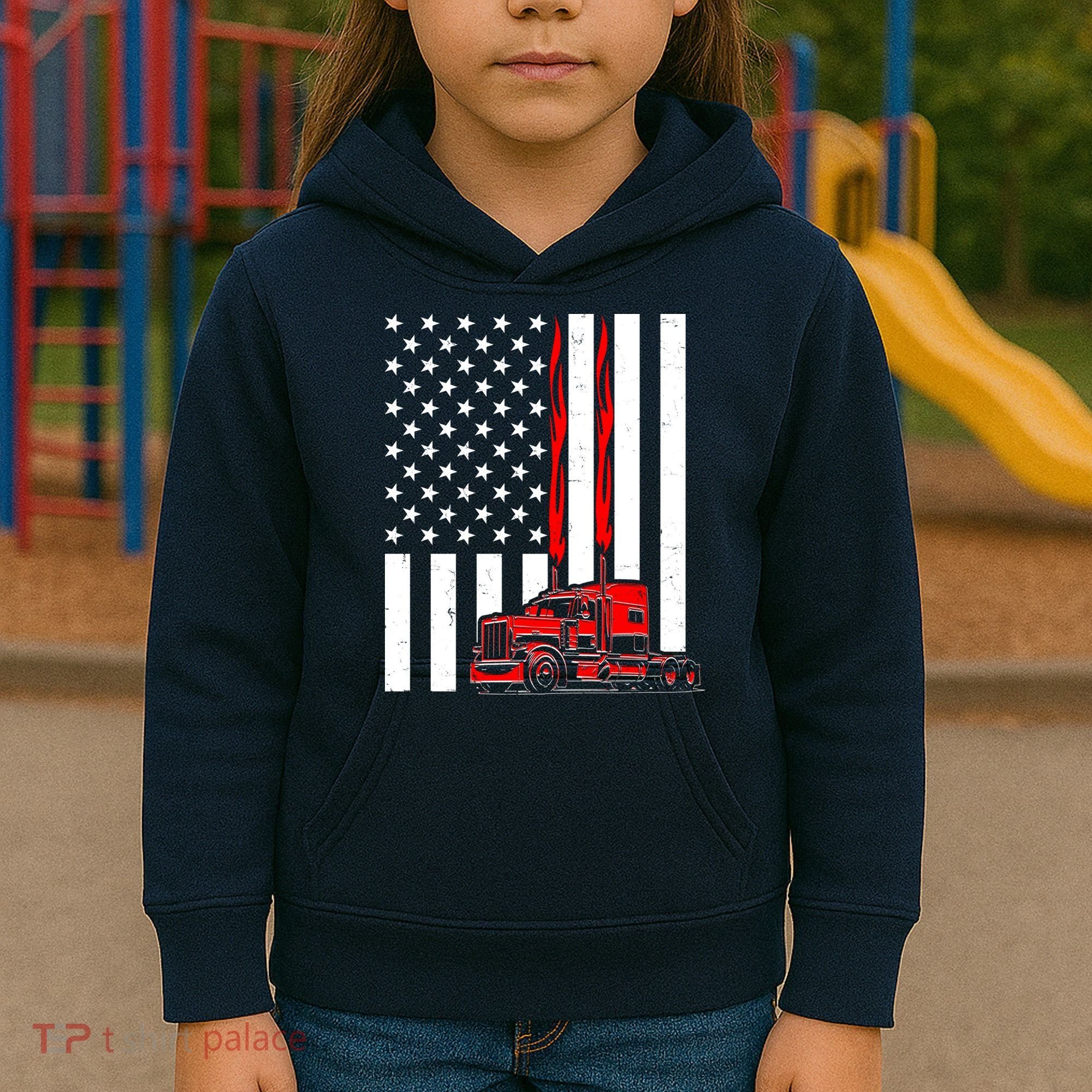 Cool Trucker Semi Truck Flames American Flag Kids Hoodie