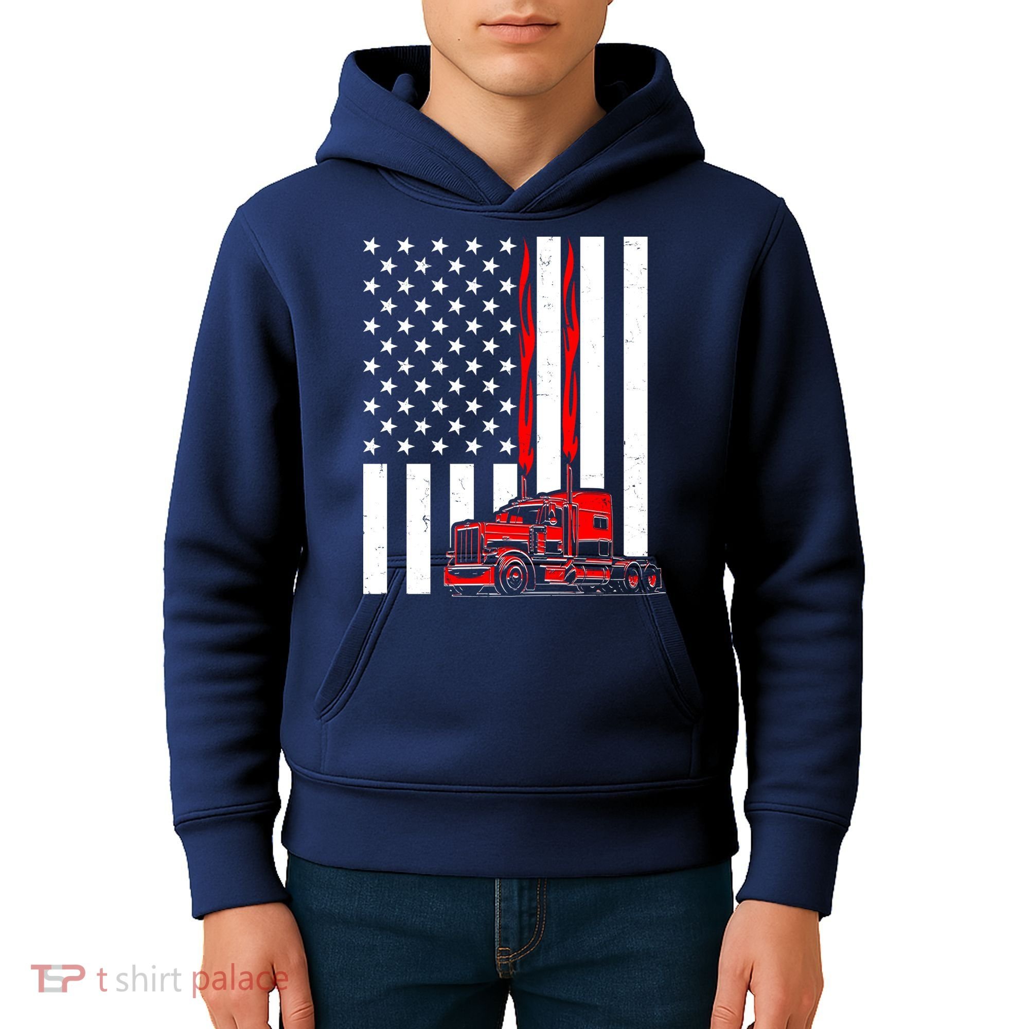 Cool Trucker Semi Truck Flames American Flag Kids Hoodie