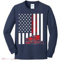 Cool Trucker Semi Truck Flames American Flag Kids Long Sleeve Shirt thumb 0