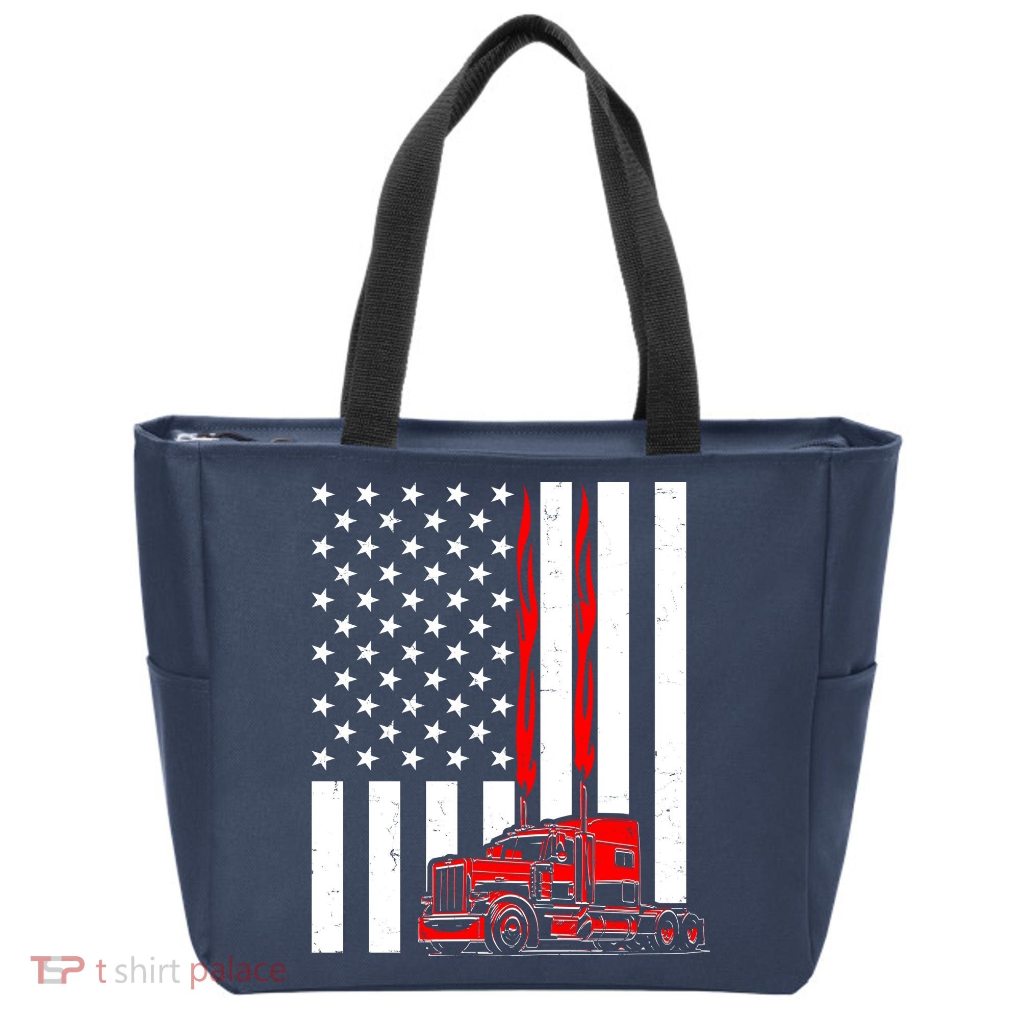 Cool Trucker Semi Truck Flames American Flag Tote Bag