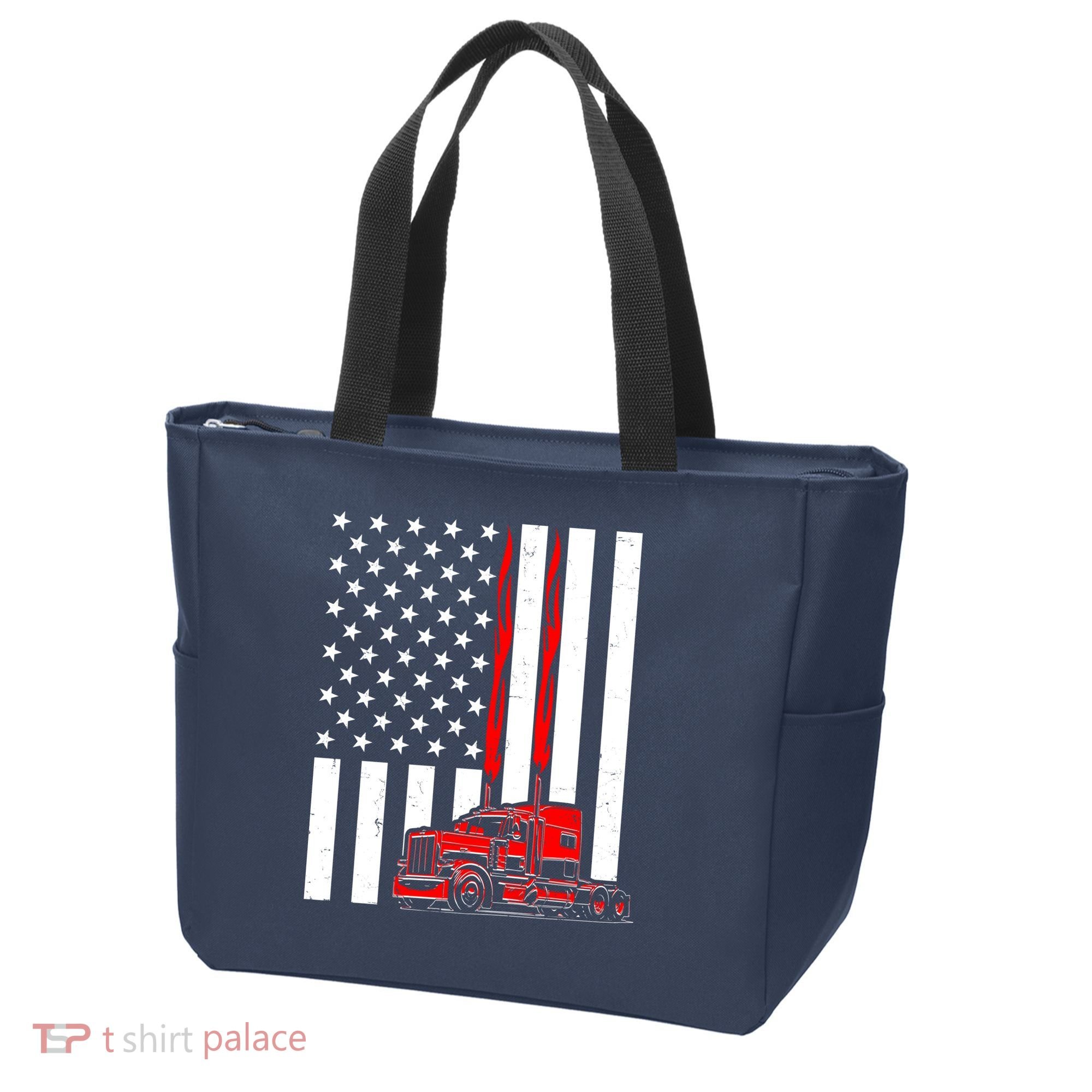 Cool Trucker Semi Truck Flames American Flag Tote Bag