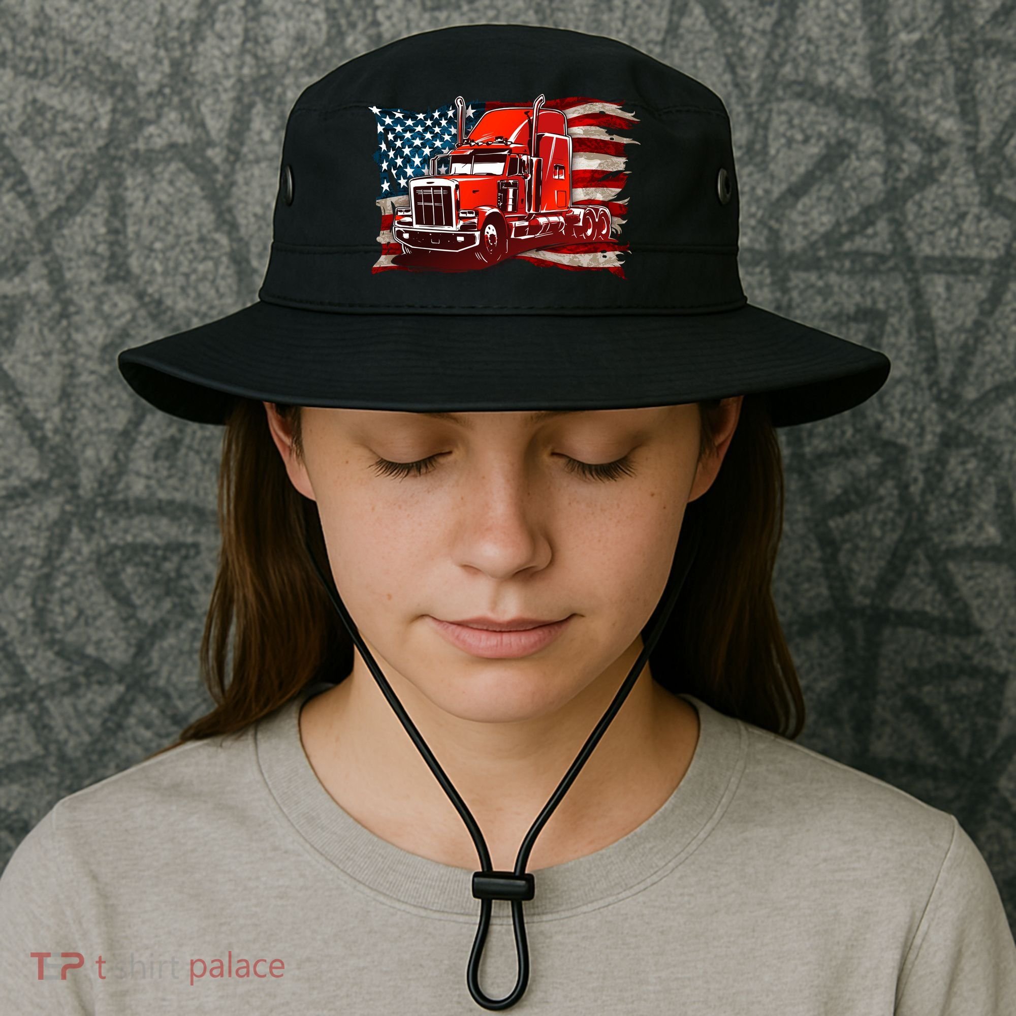Cool Trucker Semi Truck Torn Distressed American Flag Bucket Hat