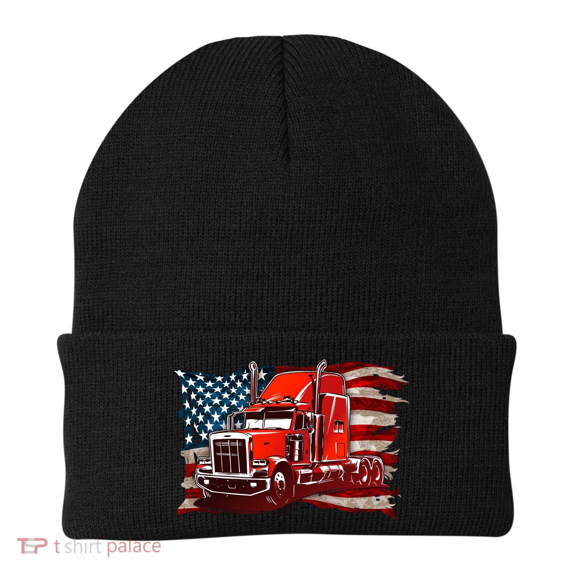 Cool Trucker Semi Truck Torn Distressed American Flag Beanie