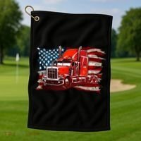 Cool Trucker Semi Truck Torn Distressed American Flag Golf Towel thumb 1