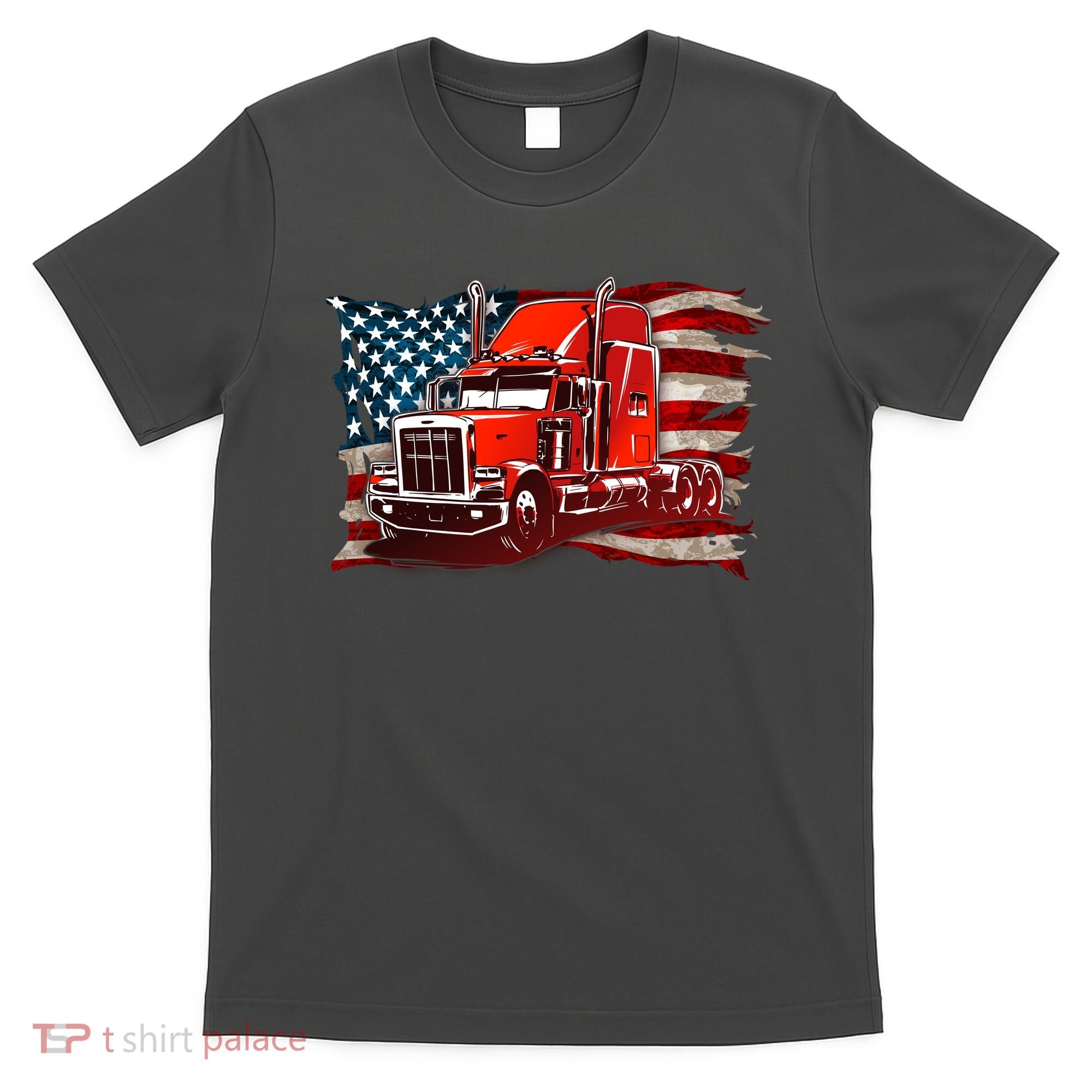 Cool Trucker Semi Truck Torn Distressed American Flag T-Shirt