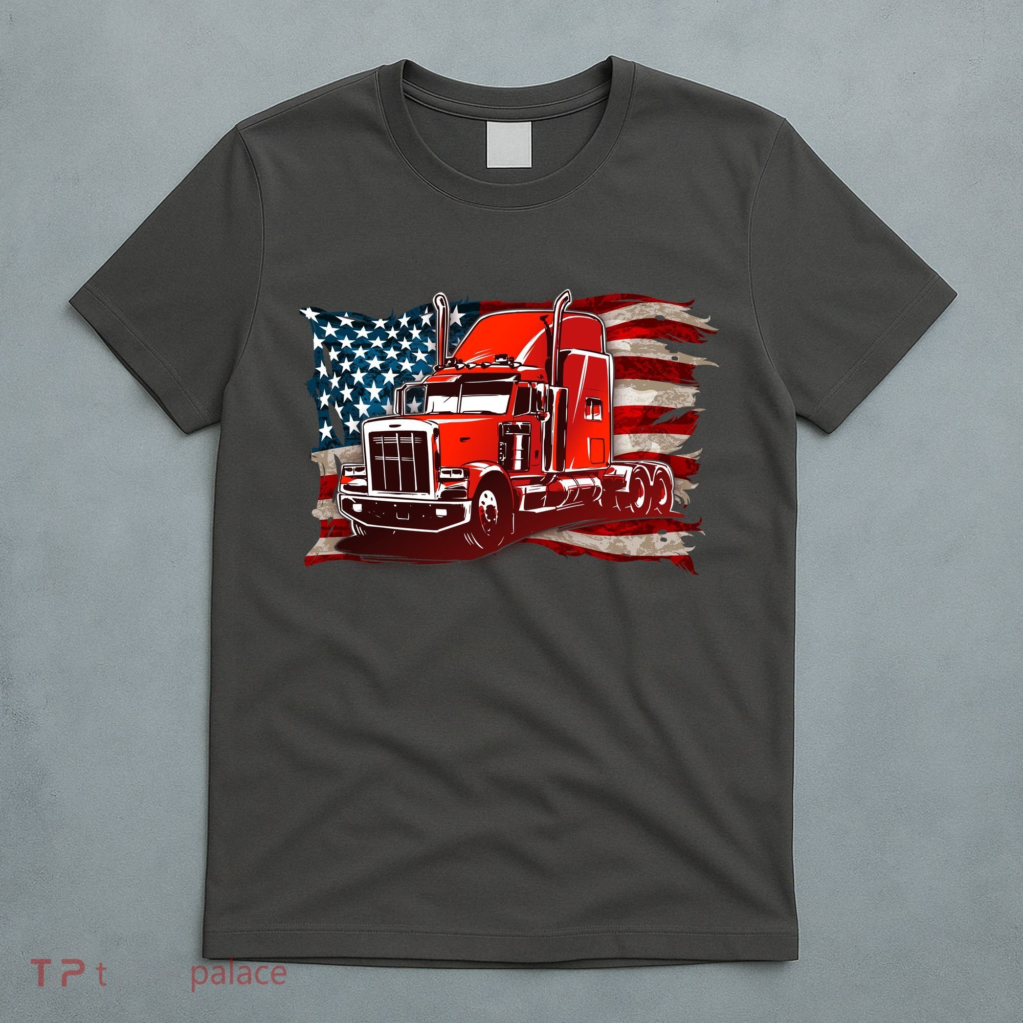 Cool Trucker Semi Truck Torn Distressed American Flag T-Shirt