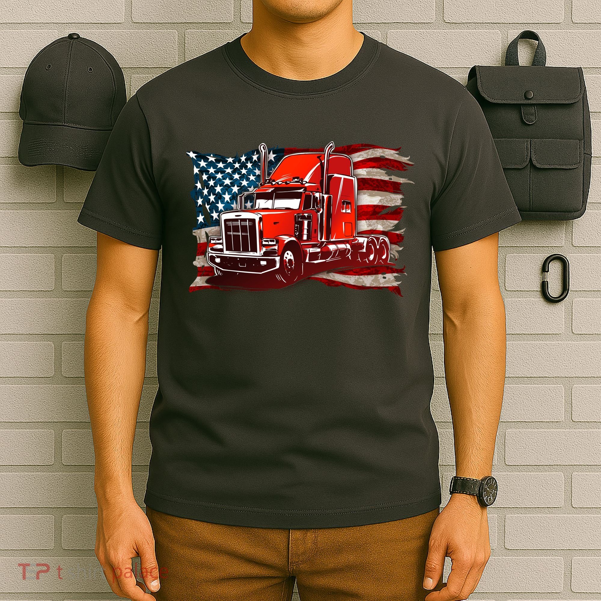 Cool Trucker Semi Truck Torn Distressed American Flag T-Shirt