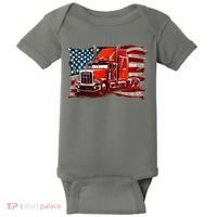 Cool Trucker Semi Truck Torn Distressed American Flag Baby Bodysuit thumb 0