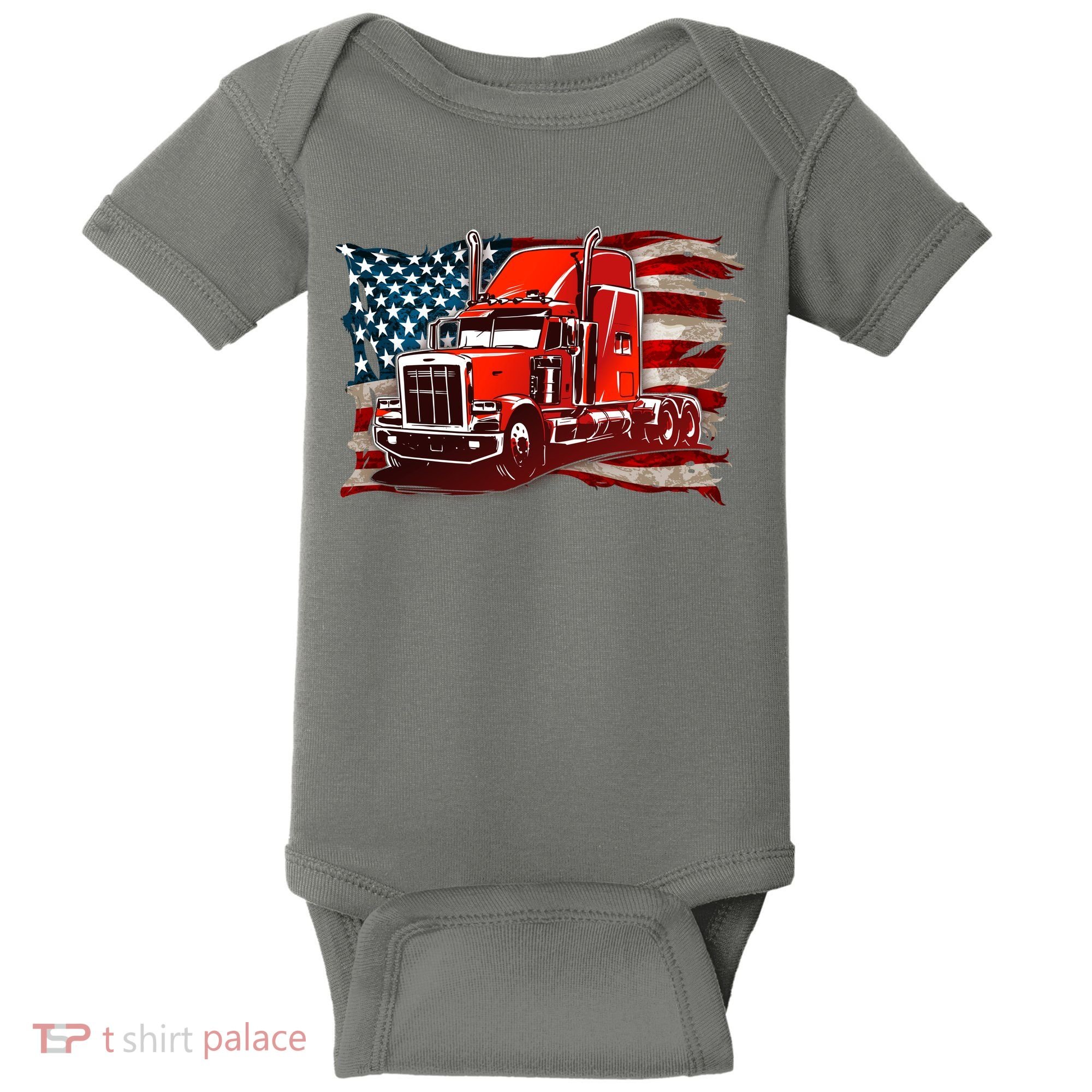 Cool Trucker Semi Truck Torn Distressed American Flag Baby Bodysuit