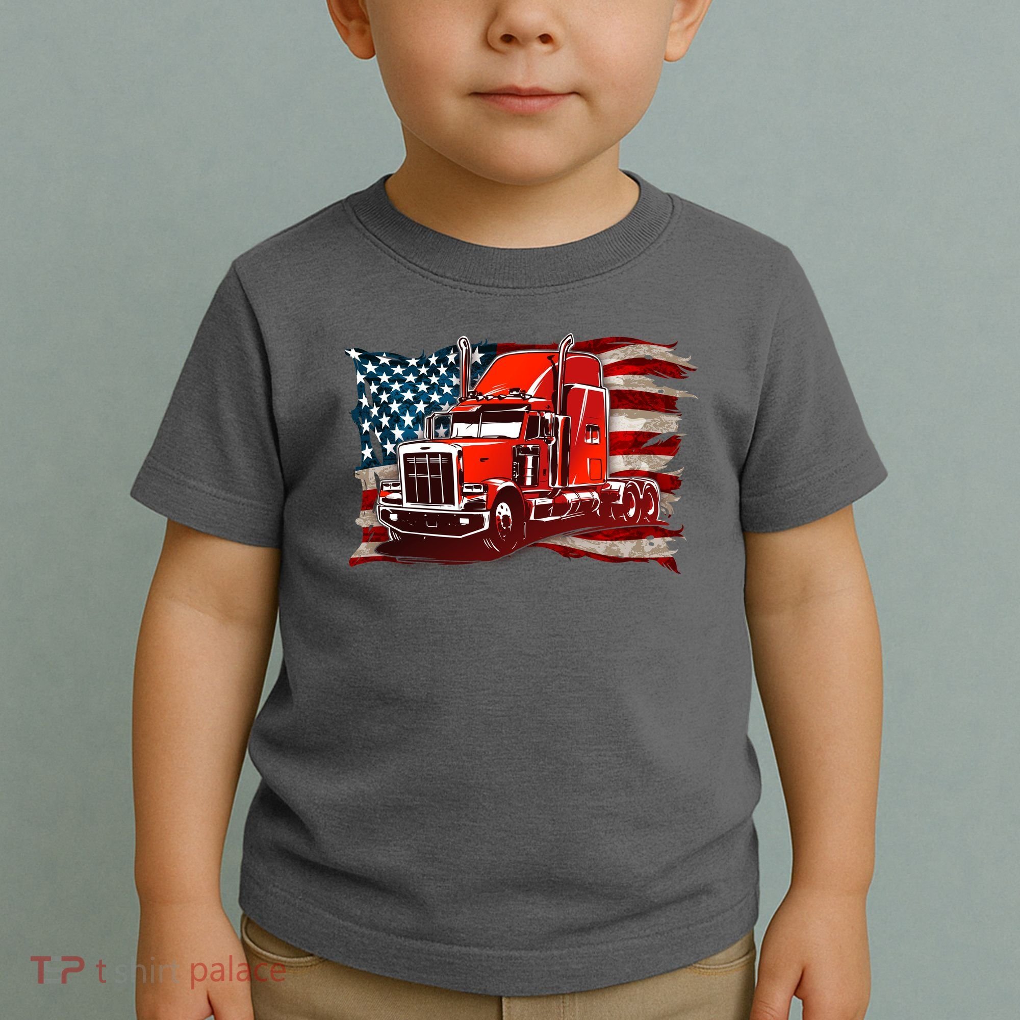Cool Trucker Semi Truck Torn Distressed American Flag Toddler T-Shirt