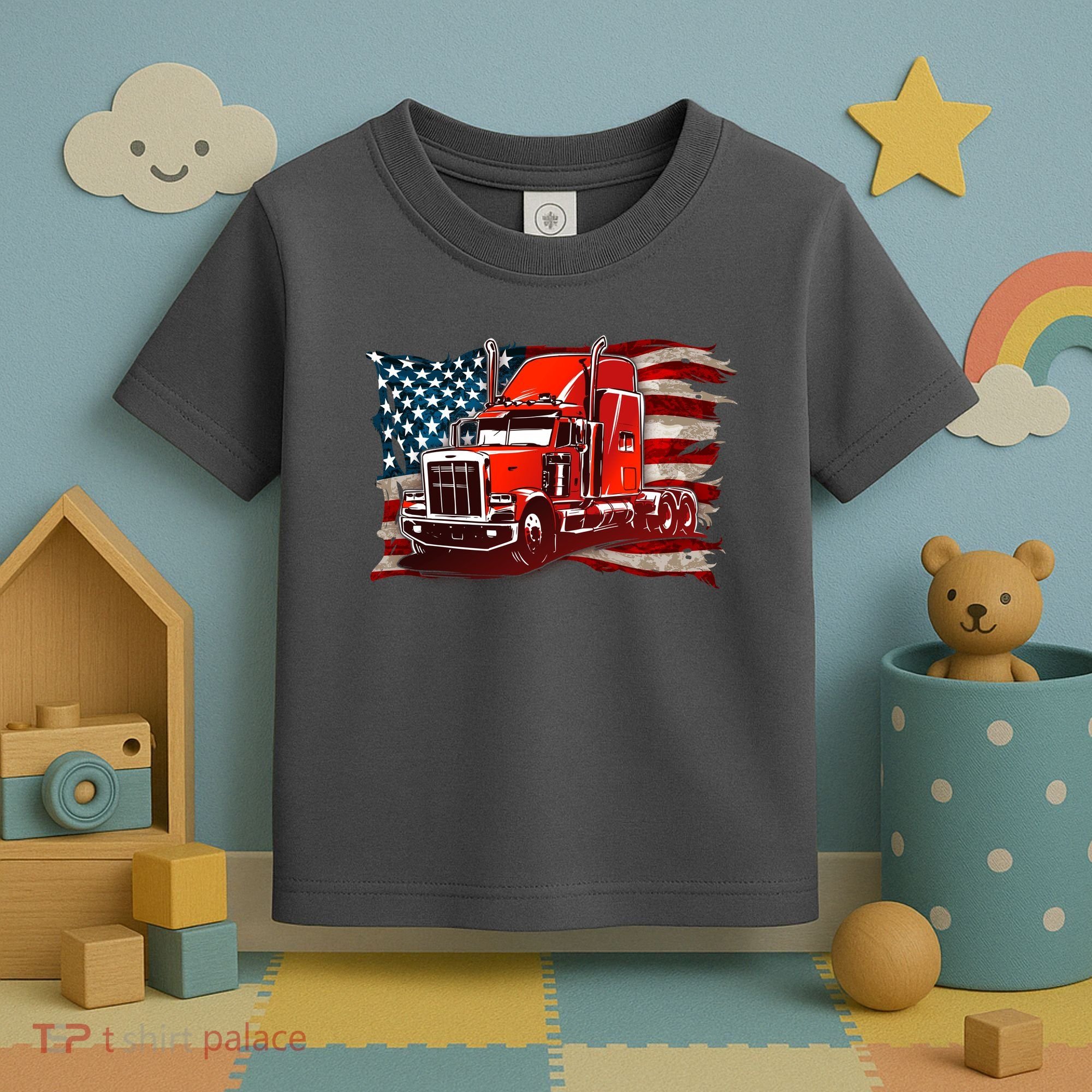 Cool Trucker Semi Truck Torn Distressed American Flag Toddler T-Shirt