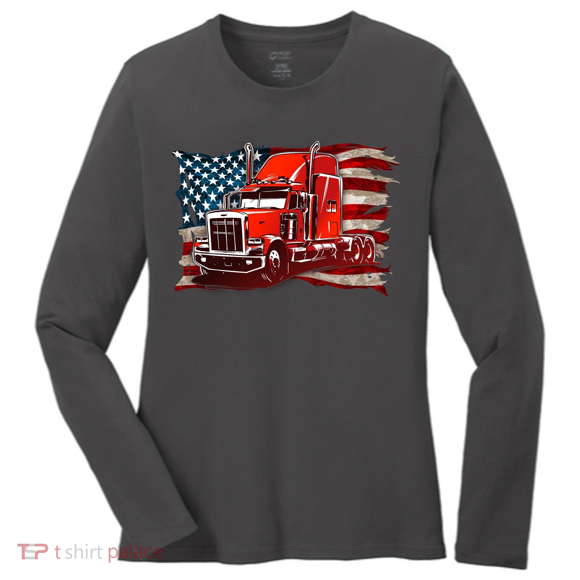 Cool Trucker Semi Truck Torn Distressed American Flag Women's Long Sleeve Shirt