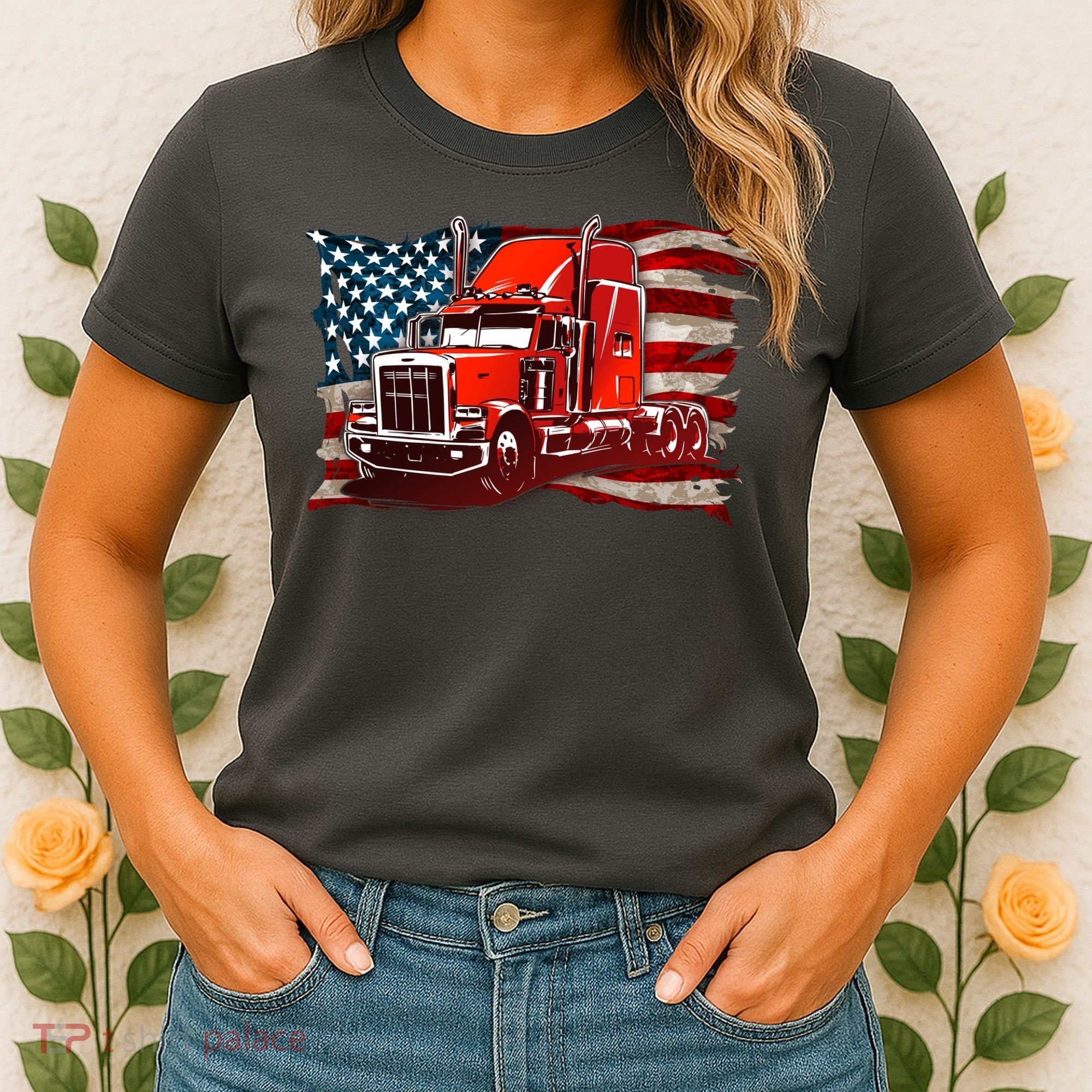 Cool Trucker Semi Truck Torn Distressed American Flag Women's T-Shirt